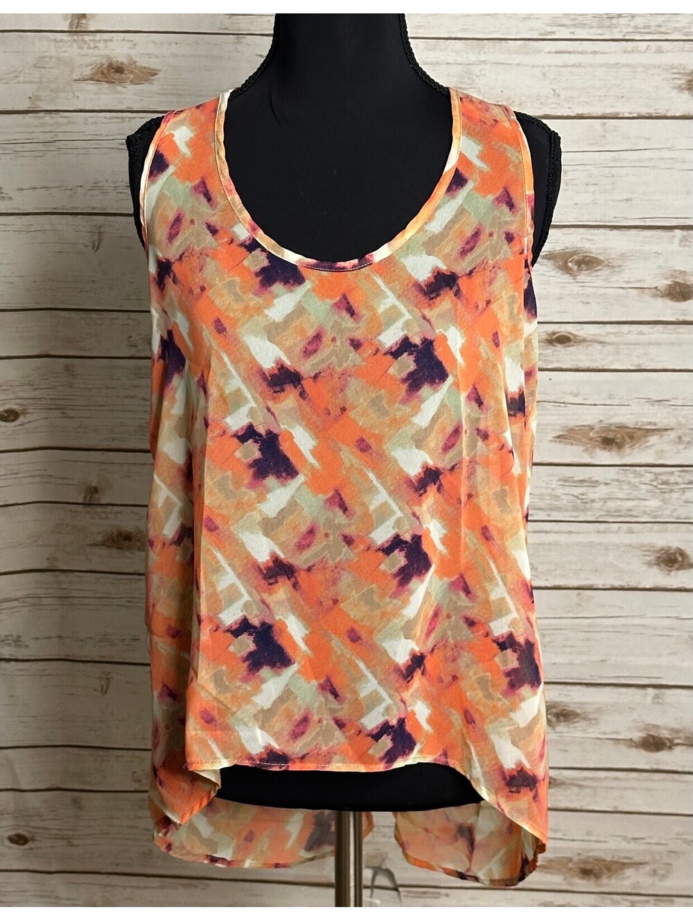 Paper Crane peach purple abstract scoop neck sleeveless sheer tank top Small